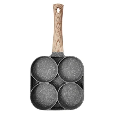 Image of 4 Hole Omelet Pan for Burger Eggs Ham Pancake Maker Wooden Handle Frying Pot Non Stick Cooking Breakfast