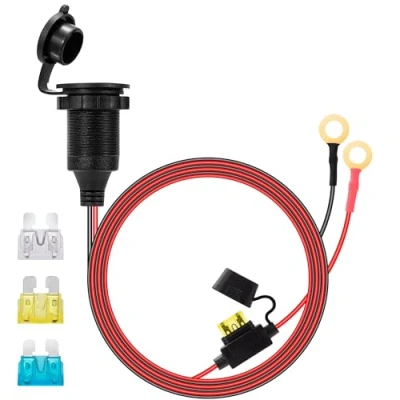 Image of GUNGY 1 M Cigarette Lighter Socket Waterproof 12V/24V DC Car Fixed with 14AWG Extension Cable Built in 20A Fuse and 15A/20A/25A Replacement Fuses