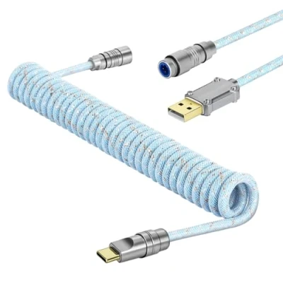 Image of MAMBASNAKE C05 Custom Coiled Aviator USB C Cable for Gaming Keyboard, Nylon Braided, A to C, Double Sleeved Mechanical Keyboard with Detachable CNC Metal Aviation Connector, 4.92ft Blue