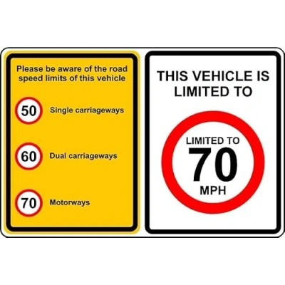 Image of Please be aware of the road speed limits This vehicle is limited to 70mph sign Self adhesive sticker (400mm x 300mm)