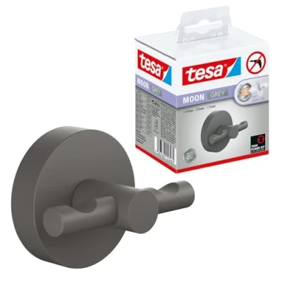 Image of tesa Moon Grey Bathrobe Hook, matt for Industrial Style and Modern bathrooms Drill Free, incl. Adhesive Solution 50 mm x 65 53