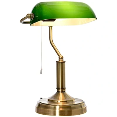 Image of HOMCOM Banker&#039;s Table Lamp Desk with Antique Bronze Base, Green Glass Shade and Pull Rope Switch for Home Office, Living Room, Bedroom, Dining Room
