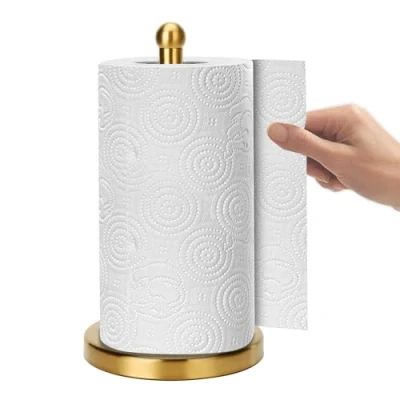Image of Gold Paper Towel Holder Countertop, Freestanding Stainless Steel Heavy Weighted Base, One Handed Design for Easy Ripping (Gold Brushed)