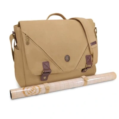 Image of ENHANCE Venture DnD Bag Canvas RPG Player&#039;s Essentials Dungeons and Dragons Messenger with Vegan Leather Accents Fits 2 4 Books, Dice &amp; Accessories, 17 inch Laptop Slot (Khaki)