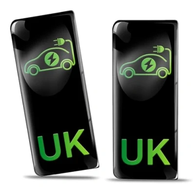 Image of Biomar Labs 2 x 3D Gel Silicone Car Number Plate Stickers Electric Vehicle EV Decals UK Badge GB Union Jack Green Black QS 14