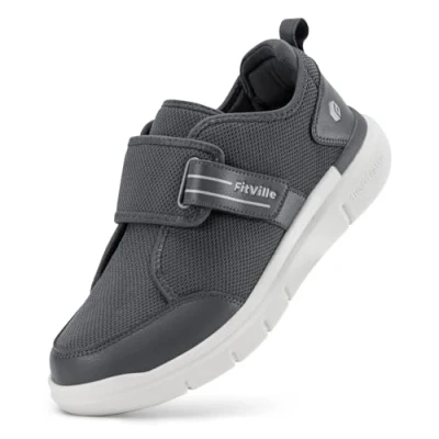 Image of FitVille Mens Diabetic Shoes Extra Wide Fit Trainers with Adjustable Strap for Swollen Feet Plantar Fasciitis V10, Slate Grey, 11 UK X
