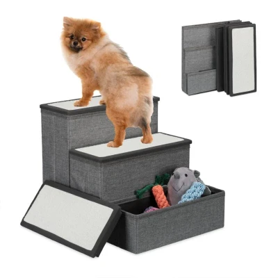 Image of Relaxdays Dog Stairs, 3 Steps, with Storage, for Cats &amp; Pets, HWD: 39 x 40 49 cm, Bed Sofa, Folding, Grey/White, Polyester, Fibreboard