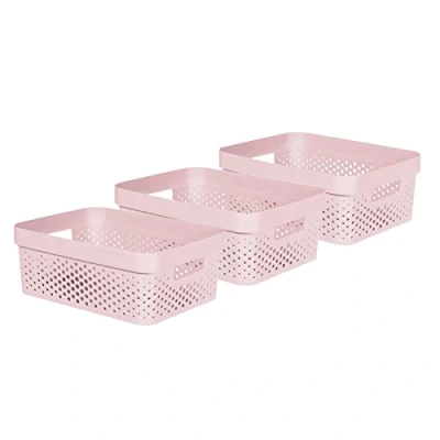 Image of Curver Infinity Dots Set of 3 Rectangular 100% Recycled Medium Storage Baskets 11 Litres Pink