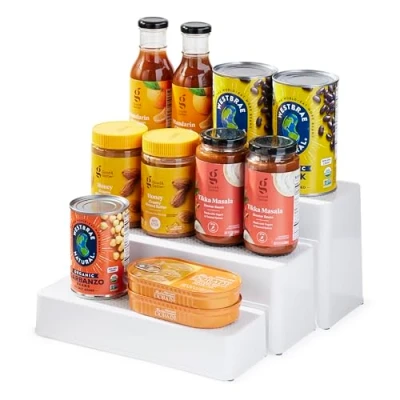 Image of YouCopia ShelfSteps Tin Can Organiser, Adjustable 3 Shelf Pantry and Kitchen Cupboard Organiser