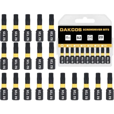 Image of DAKCOS T25 Torx Bit, Impact Driver Bits, 1/4&quot; Screwdriver Bit Sets, 20PCS Premium S2 Alloy Steel 25mm Long