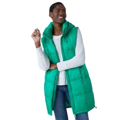 Image of Roman Originals Quilted Gilet with Hood for Women UK Ladies Sleeveless Coat Hooded Jacket Padded Bodywarmer Winter Lightweight Warm Autumn Funnel Neck Longline Soft Bubbly Light Green Size 10