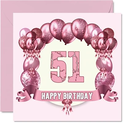 Image of Fun 51st Birthday Cards for Woman Balloons Happy Card Dad Mum Grandad Nanny Grandma Uncle Auntie Cousin Friend, 145mm x Greeting Cards,