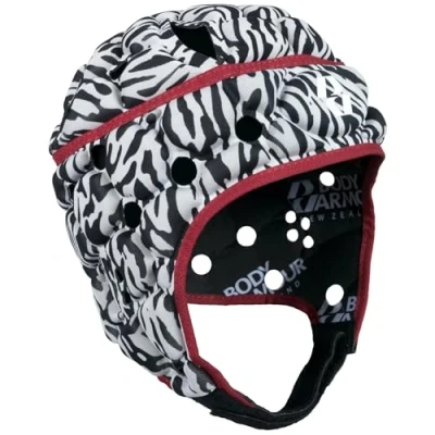 Image of Body Armour Boys Ventilation Rugby Scrum Cap Head Guard Black/White MB Tiger Print Medium Kids