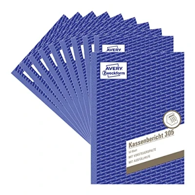 Image of AVERY Zweckform 305 10 Cash Report (A5, Micro Perforated, Approved by Legal Experts, for Germany and Austria Properly, Cost Effective Accounting, 50 Sheets) Pack of 10, White