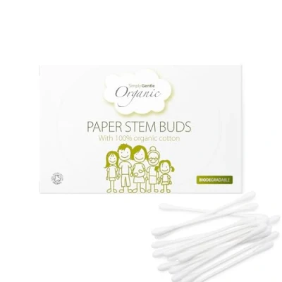 Image of Simply Gentle Organic, Cotton Buds 100% Organic &amp; FSC Paper Stems for Cleaning Delicate Areas around Eyes and Outer Ears Eco Friendly Biodegradable 200