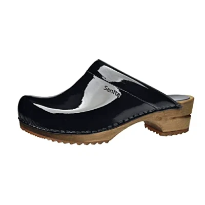 Image of Sanita Classic Patent Mule Clog Original Handmade Wooden Leather for Women Black UK 7.5