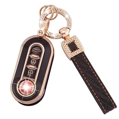 Image of Koaudb Car Key Fob Cover Case Shell Fit for Fiat 500 500L Brava Bravo Fiorino Punto Panda Qubo Stilo Lancia 3 Buttons Flip Folding with Leather Keychain Lanyard Black Gold (BP Fia)