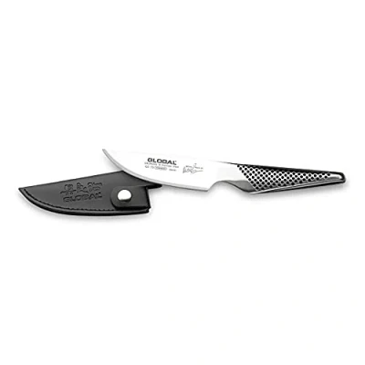 Image of Global Michel Roux Jnr Selection 11cm All Purpose Knife, CROMOVA 18 Stainless Steel, with Leather Sheath, Silver