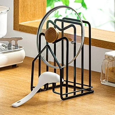 Image of SUNFICON Chopping Board Rack Cutting Organiser Pot Pan Lid Holder Display Stand Thin Bakeware Baking Tray Kitchen Countertop Cupboards Cabinet Office Heavy Duty Metal 12.5x14.5x21.5cm Black