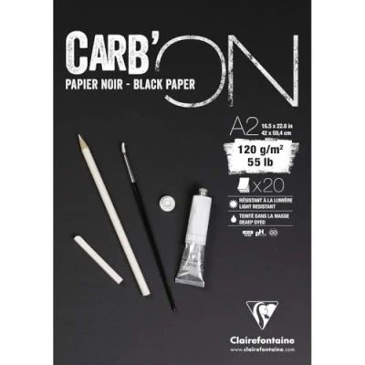 Image of Clairefontaine Ref 975041C Carb&#039;On Black Glued Paper Pad (20 Sheets) A2 (594 x 420mm) Sized, 120gsm Paper, Acid Free, pH Neutral Suitable for Pencil, Felt Tip, Chalk