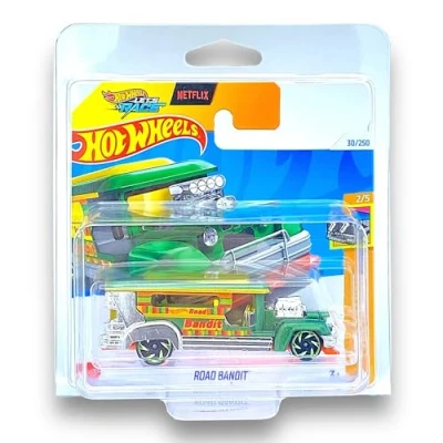 Image of Hot Wheels Road Bandit (Metallic Green &amp;Chrome) 2/5 HW Fast Transit 2024 30/250 (Short Card) COMES IN A GENUINE KLAS CAR KEEPER PROTECTOR CASE HTD27