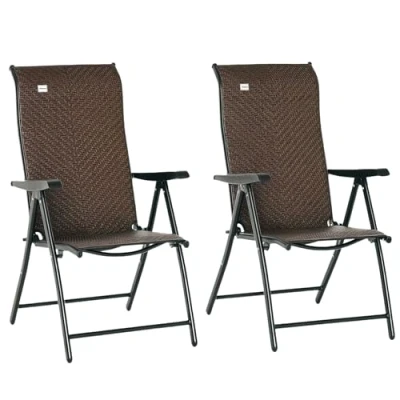 Image of Outsunny set of 2 Outdoor Wicker Folding Chairs, Patio PE Rattan Dining Armrests Chair with 7 Levels Adjustable Backrest, for Outdoors, Camping, Brown