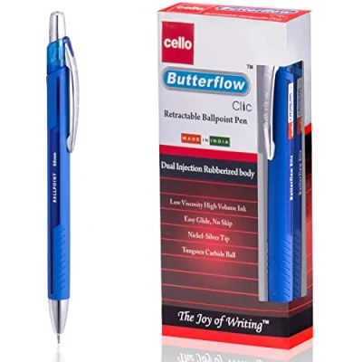 Image of Cello Ballpoint Pens Butterflow Clic Retractable Ball pen Medium Point (0.8 mm) Pack of 12 Blue Biro