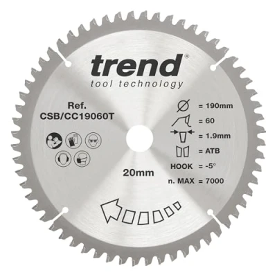 Image of Trend Wood Cordless Mitre Saw Blade, 190mm Diameter, 20mm Bore, 60 Teeth, TCT, 1.9mm Kerf, 5 Hook, CSB/CC19060T
