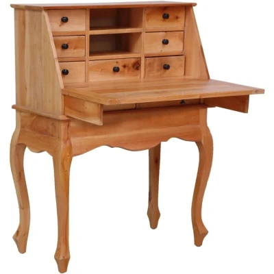 Image of vidaXL Solid Mahogany Wood Secretary Desk Vintage style Writing Secretair with Flip Board, 9 Drawers, Brass Knobs, Polished Natural Finish