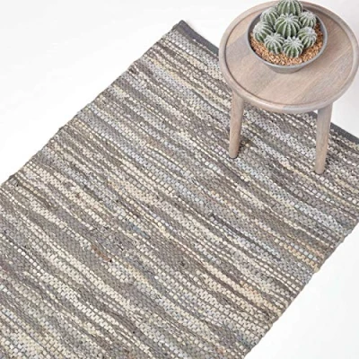 Image of HOMESCAPES Leather Rug Denver Grey 120x180cm Recycled Eco Friendly 100% Real Rug, Multipurpose