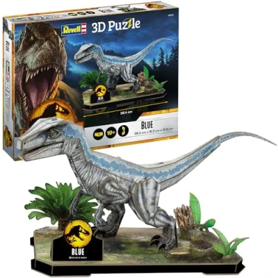Image of Revell 3D Puzzle 00243 Jurassic World Dominion Blue 57 Pieces, Highly Detailed, With Diorama Base, 38cm in length, Fun &amp; Easy To Build