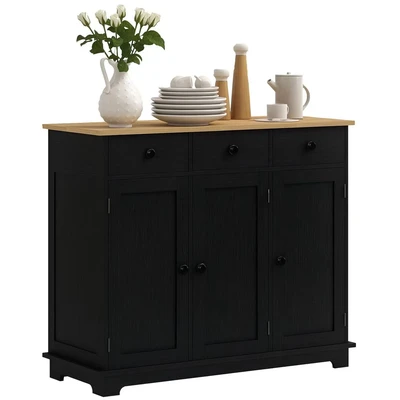 Image of HOMCOM Modern Sideboard with Rubberwood Top, Buffet Cabinet Storage Cabinets, Drawers and Adjustable Shelves for Dining Room, Kitchen, Black Wood Effect