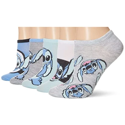 Image of Disney Women&#039;s Lilo &amp; Stitch 5 Pack No Show Casual, Blue Multi, Sock 8 10 Fits Shoe Size 2 8.5 UK
