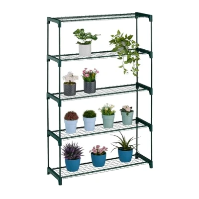 Image of Relaxdays Plant Stand, 5 Shelves, Shelf Storage Unit for Flowers &amp; Herbs, Metal Rack, HxWxD: 139 x 91 28.5 cm, Green, Steel,