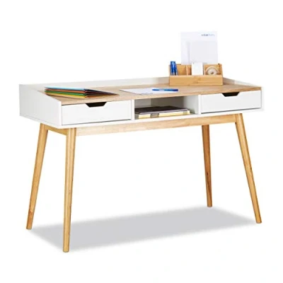Image of Relaxdays Writing, Scandinavian Design, 2 Drawers, Office Desk, Wood, White Brown, HxWxD: app. 76 x 120 55 cm