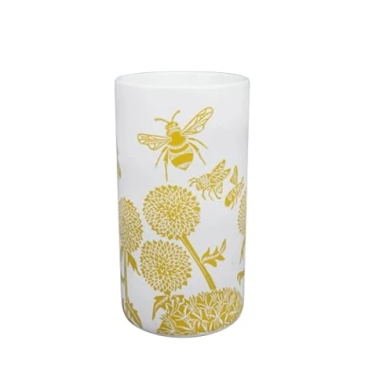 Image of Half Moon Bay Clover Flower Blooms and Bumble Bees by Kate Heiss Mustard Yellow/White 6 x 3 Inch Ceramic Stoneware Cylindrical Vase, VAKH01