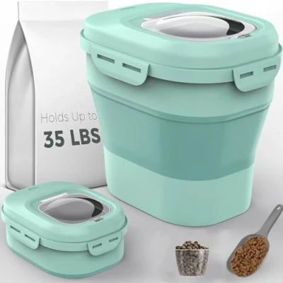 Image of Taylor &amp; Brown Collapsible Airtight Pet Food Storage Container With Measuring Cup Plastic Scoop Treats For Dog Cat Animal Dry Dispenser Wheels (Green)