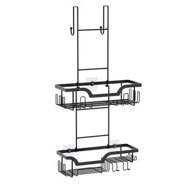 Image of Over the Door shower Caddy, Hanging Organizer, No Drilling Adhesive Shelves, Stainless Steel Rack, Holds Body Wash, Shampoo, Soap, Razor, Towel for Bathroom Black