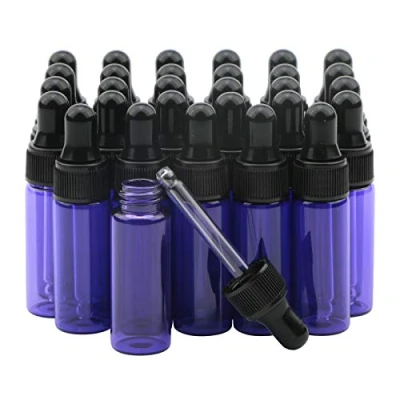 Image of Rowiz 30 PCS 5ml Small Dropper Bottles Essential Oil Glass Bottle,Lotion Perfume Sample Vials with Eye and Black Caps Pink Bottle. (purple)