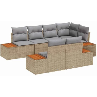Image of vidaXL 7 Piece Garden Sofa Set with Cushions Beige Poly Rattan Acacia