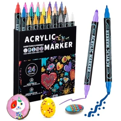 Image of Mzh Art 24 Colors Dual Tip Acrylic Paint Pens Markers, Double Premium Markers for Wood, Rock Painting, Glass, Canvas, Stone, DIY Crafts Making Supplies