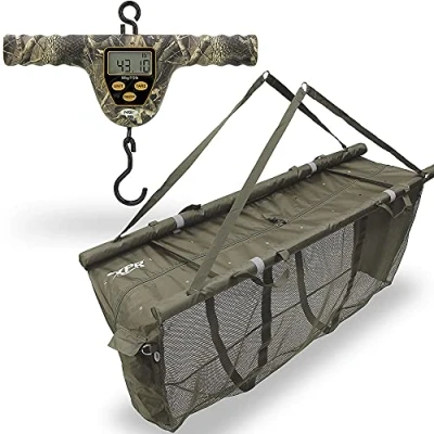 Image of NGT XPR Floating Weighing Sling Carp Fishing &amp; Stink Bag with Digital 110lb/50kg LCD T Bar Camo Scale