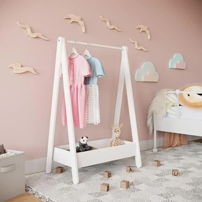 Image of URBNLIVING Kids Wooden Hanging Dress Up Clothes Rail Rack Display Stand Extra Storage Shelf (White)