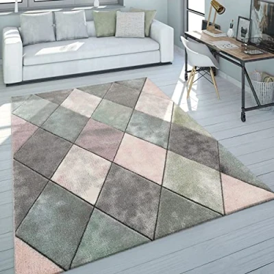 Image of Paco Home Rug Living Room Colourful Pastel Colours Diamond Pattern 3D Design Short Pile Robust, Size:80x150 cm
