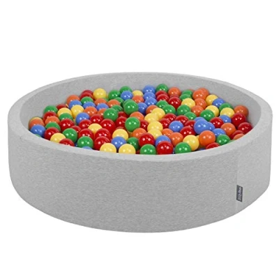 Image of KiddyMoon Soft Ball Pit Round 120X30cm/300 Balls ∅ 7Cm / 2.75In For Kids, Foam Pool Baby Playballs Children, Made In The EU, Light Grey:Yellow Green Blue Red Orange