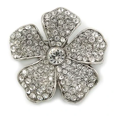 Image of Avalaya Rhodium Plated Clear Diamante &#039;Flower&#039; Brooch 45mm Across