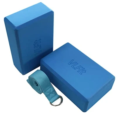 Image of VLFit Set of 2 Hi Density Yoga Blocks with D Ring Cotton Stretch Strap Choice Colour