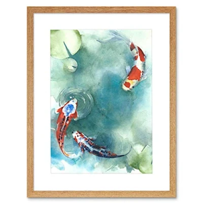 Image of Wee Blue Coo Japanese Koi Fish With Lilies Art Print Framed Poster Wall Decor 12X16 Inch