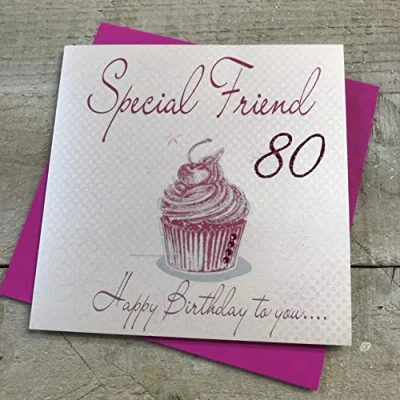 Image of white cotton cards Special Friend 80 Happy Handmade 80th Birthday Card (Pink, Cupcake)