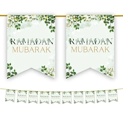 Image of Ramadan Mubarak Bunting Decorations (Green Leaves Floral Design) Kareem Banner, Flags Hanging Decor for Home Domes Lanterns Moon